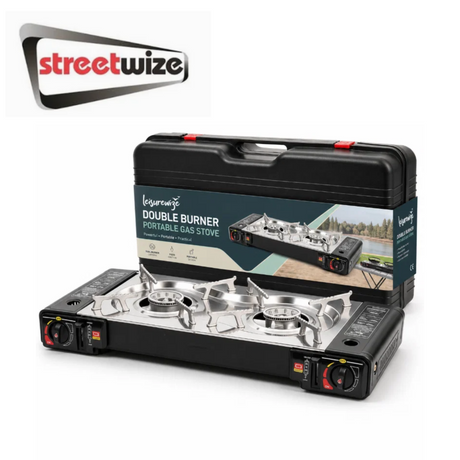 Streetwize double burner gas stove with two metal burners and control knobs on a black surface.