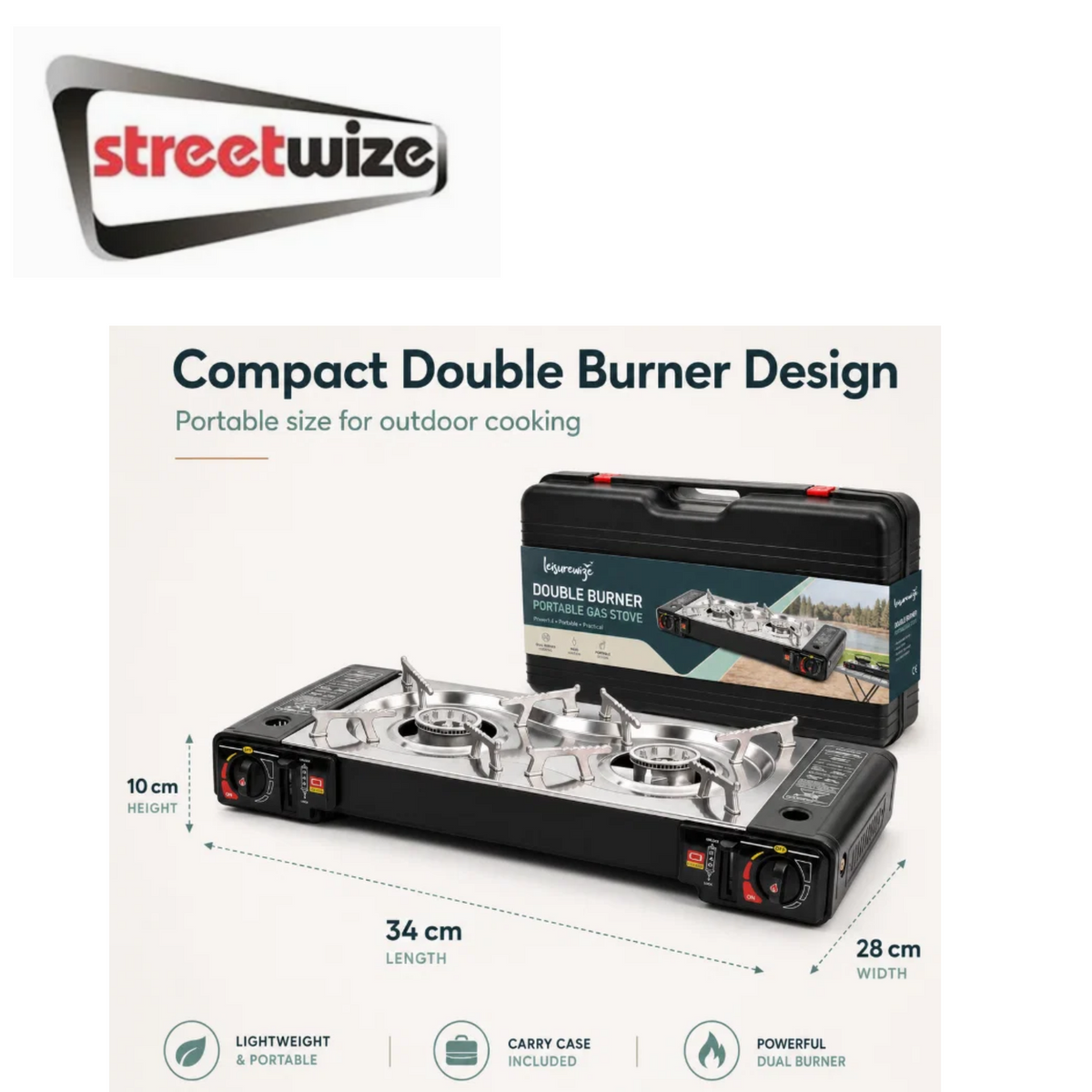 Streetwize double burner gas stove with two burners and control knobs, compact and portable for outdoor or indoor cooking.