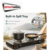 Streetwize double burner gas stove with two burners and control knobs, ideal for portable cooking or outdoor use.
