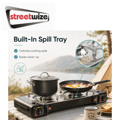 Streetwize double burner gas stove with two burners and control knobs, ideal for portable cooking or outdoor use.
