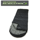 Outdoor Revolution SunStar Single 300 sleeping bag in a vibrant color, laid out on grass with a scenic background.