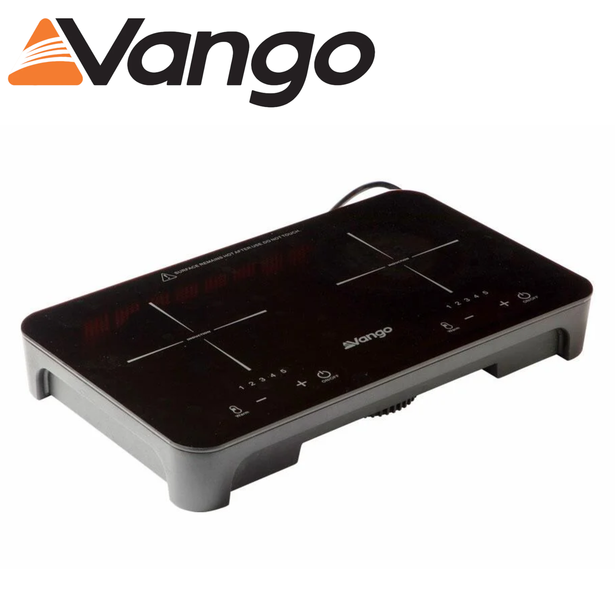 Vango Sizzle Double Induction Hob featuring two cooking zones and a sleek design on a kitchen countertop.