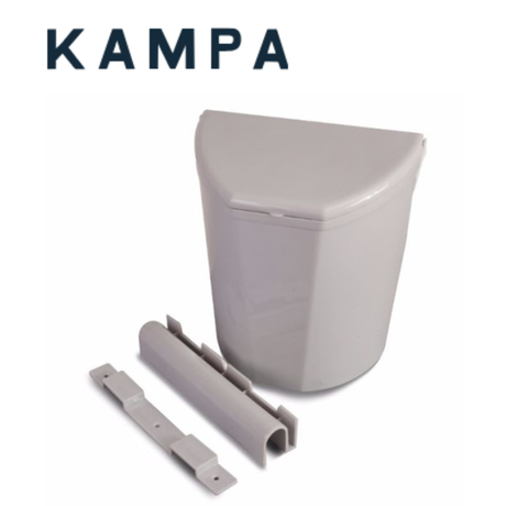 Kampa Dustie Bin, a sleek plastic trash can with a hinged lid, in a neutral color, suitable for home or office use.