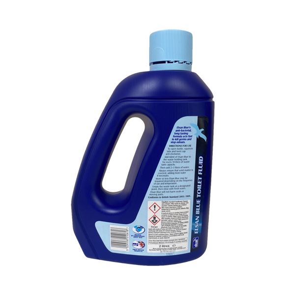 Elsan Blue 2L toilet fluid bottle with a blue liquid, designed for effective toilet cleaning and maintenance.