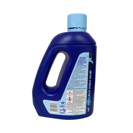 Elsan Blue 2L toilet fluid bottle with a blue liquid, designed for effective toilet cleaning and maintenance.