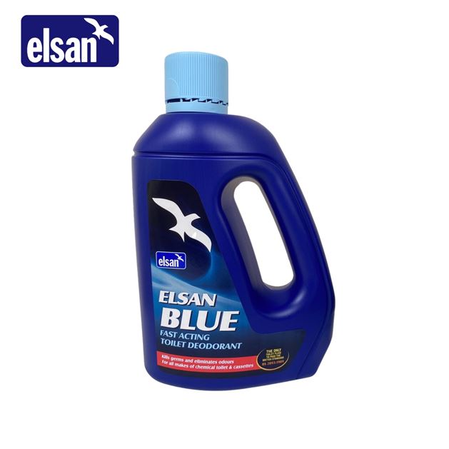 Elsan Blue 2L toilet fluid bottle with a blue liquid, designed for effective toilet cleaning and maintenance.