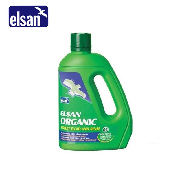Elsan Organic 2L Toilet Fluid bottle with a green label, designed for effective toilet cleaning and odor control.