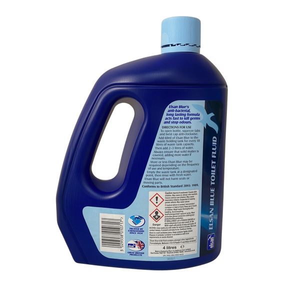 Elsan Blue 4L toilet fluid bottle with blue liquid, designed for effective toilet cleaning and maintenance.