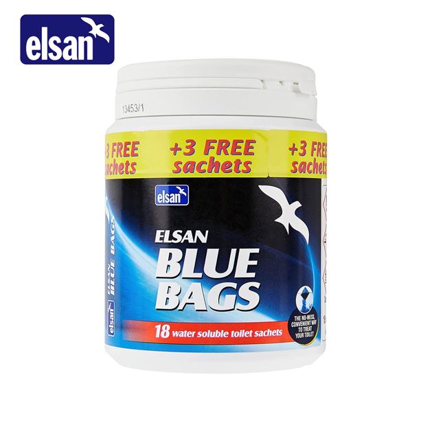 Elsan Blue Bags toilet sachets in a pack, designed for effective toilet fluid treatment and odor control.