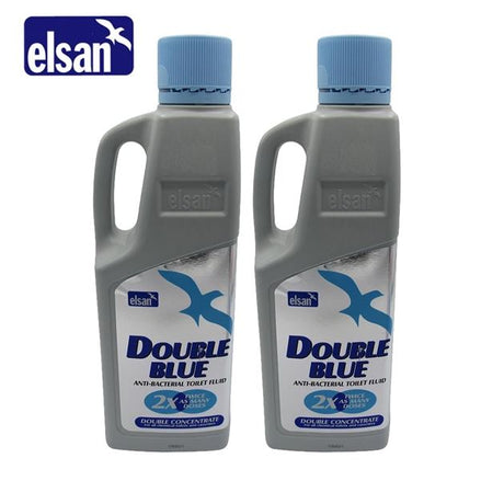 Elsan 2L Twin Pack Double Blue Toilet Fluid bottles with blue liquid for caravan toilet maintenance.