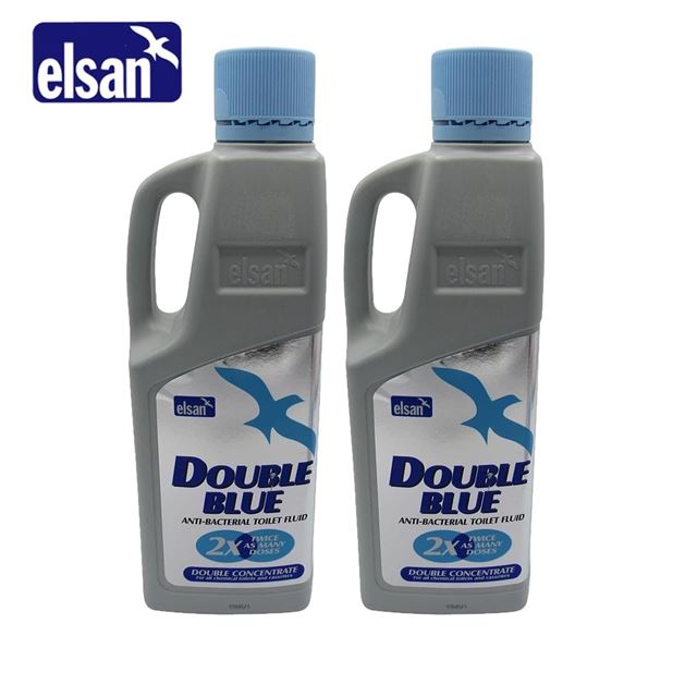 Elsan 2L Twin Pack Double Blue Toilet Fluid bottles with blue liquid for caravan toilet maintenance.