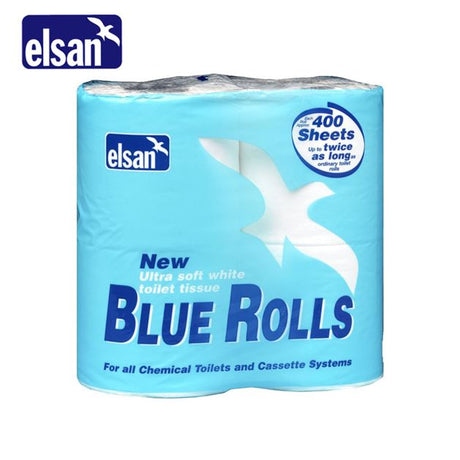 Elsan Blue Rolls toilet tissue displayed in a single roll, showcasing its soft texture and blue packaging.