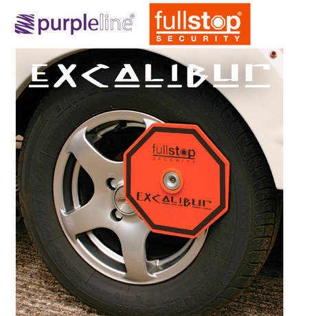 Purpleline Excalibur Wheel Lock with a sturdy design, featuring a vibrant yellow and black color scheme for vehicle security.