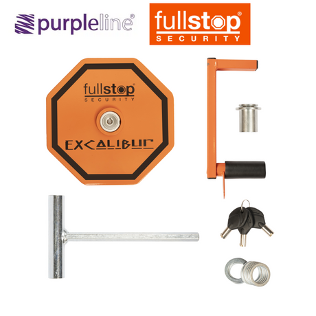 Purpleline Excalibur Wheel Lock in a sleek design, showcasing the sturdy locking mechanism and vibrant purple color.