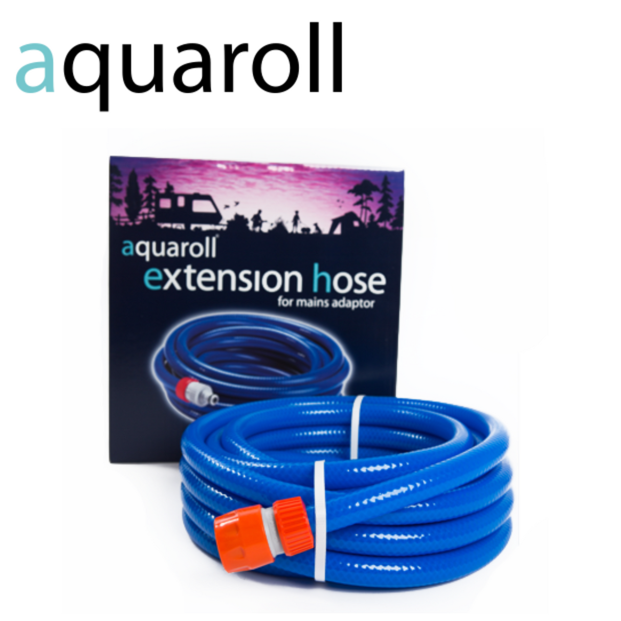 Hitchman Aquaroll mains adaptor extension hose coiled with connectors, designed for efficient water transport in caravans.