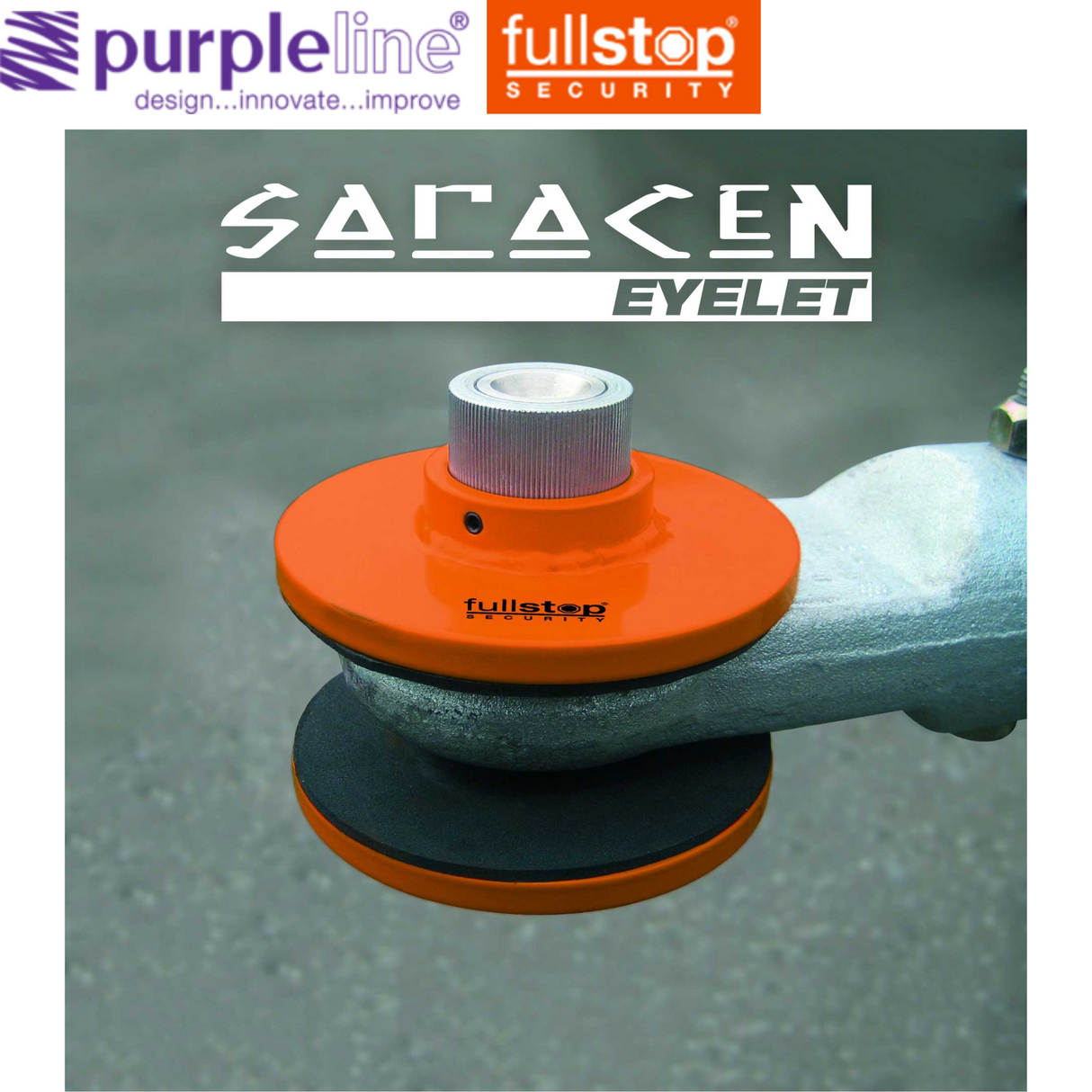 Purpleline Saracen eyelet lock for trailers, featuring a sturdy design and locking mechanism in a close-up view.