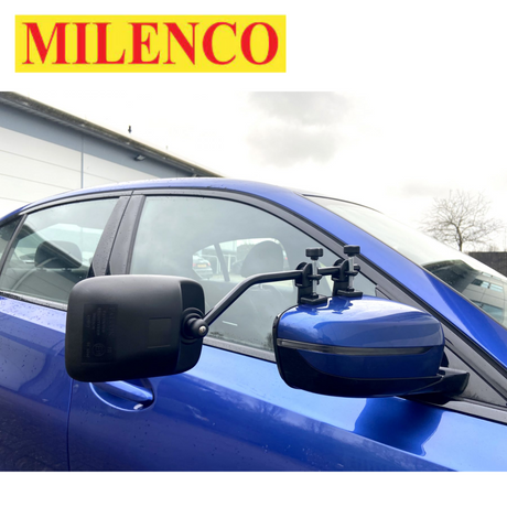 Milenco Falcon Super Steady Mirrors Twin Pack showcasing two adjustable mirrors for improved visibility while towing.