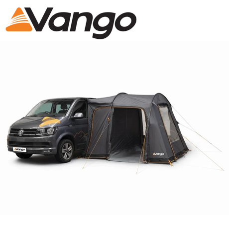 Vango Faros III Poled Driveaway Awning set up outside a campervan, showcasing its spacious design and sturdy poles.