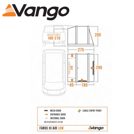 Vango Faros Air III Low Driveaway Awning set up beside a vehicle, showcasing its spacious design and air beam structure.