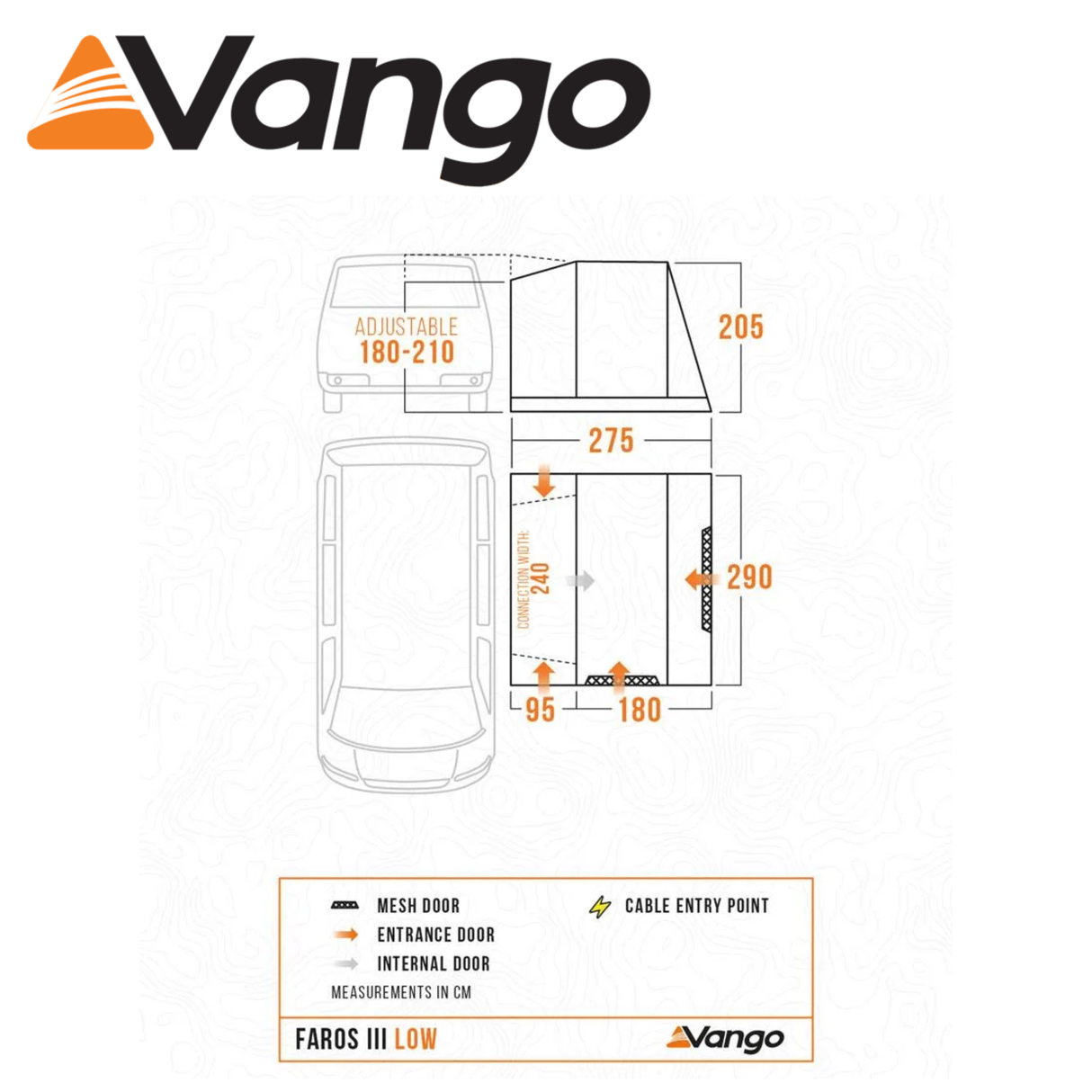 Vango Faros III Poled Driveaway Awning set up beside a campervan, showcasing its spacious interior and durable design.
