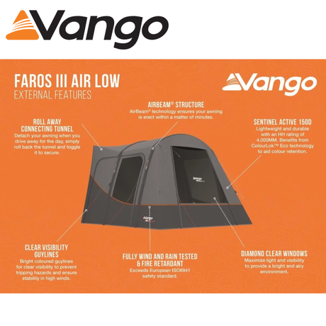 Vango Faros Air III Low Driveaway Awning set up beside a camper van, showcasing its spacious design and air beam structure.