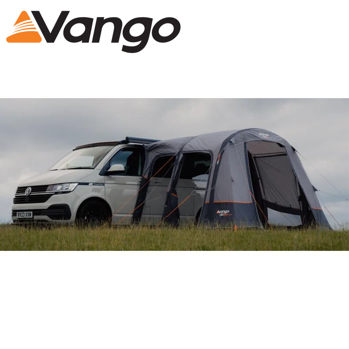 Vango Faros Air III Low Driveaway Awning set up next to a camper van, showcasing its spacious design and air beams.