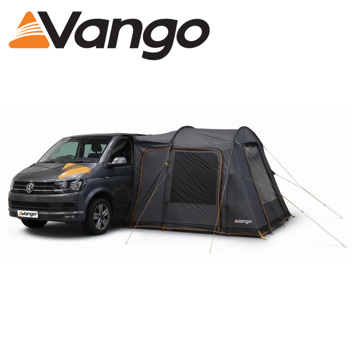 Vango Faros III Poled Driveaway Awning set up beside a campervan, showcasing its spacious design and durable fabric.