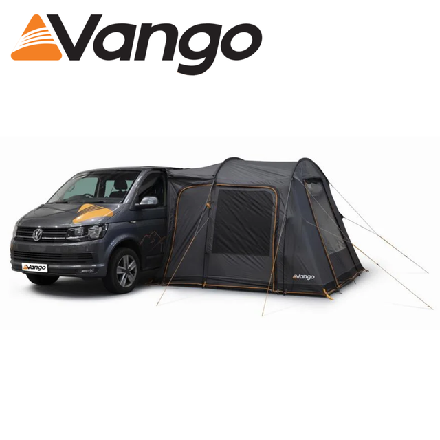 Vango Faros III Poled Driveaway Awning set up beside a campervan, showcasing its spacious design and durable fabric.