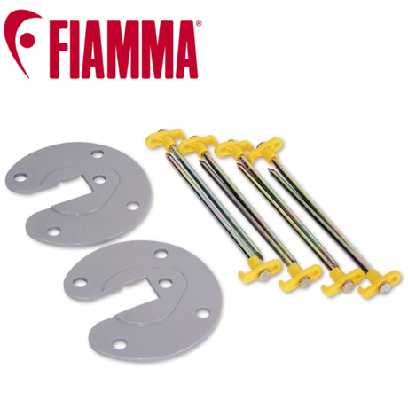 Fiamma Awning Plate and Pegs Kit showing metal plates and sturdy pegs for securing awnings to the ground.