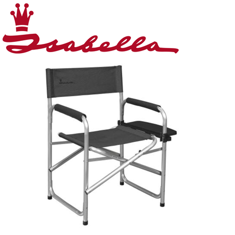 Isabella director chair with grey or red fabric seat and backrest, lightweight frame, ideal for office or outdoor use.