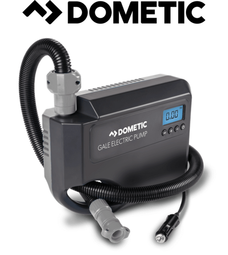Dometic Gale 12V electric pump with a compact design, showcasing its motor and connections against a neutral background.