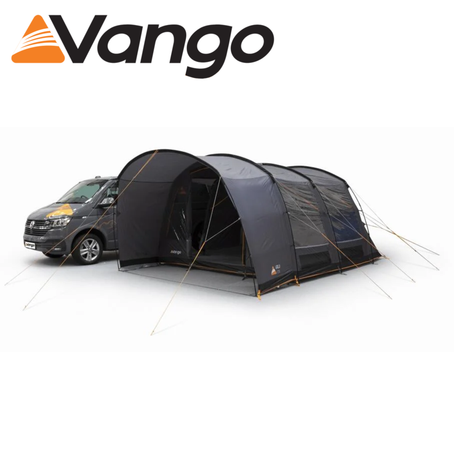 Vango Galli Low II Poled Driveaway Awning set up beside a camper van, showcasing its spacious design and durable materials.