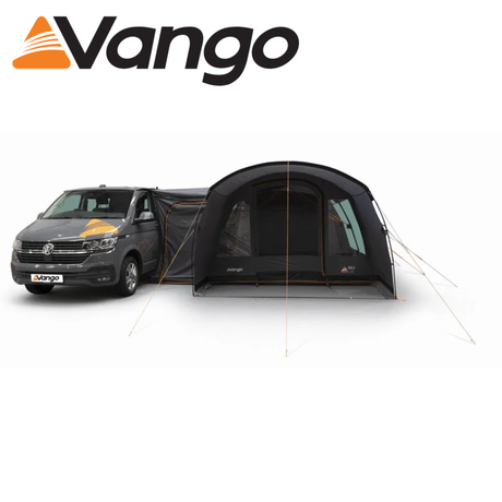Vango Galli Low II Poled Driveaway Awning set up outside a campervan, showcasing its spacious design and sturdy poles.