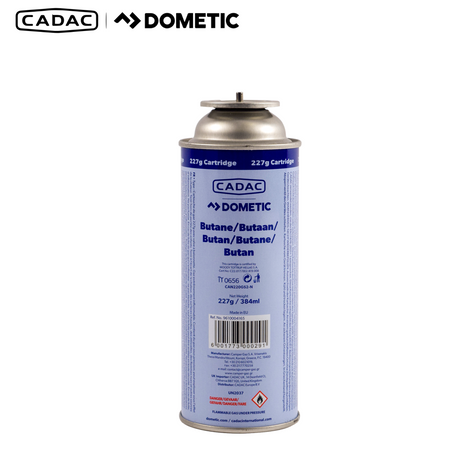Cadac Dometic Bayonet Cartridge 227g pack of 4, showcasing compact gas canisters for camping and outdoor cooking.