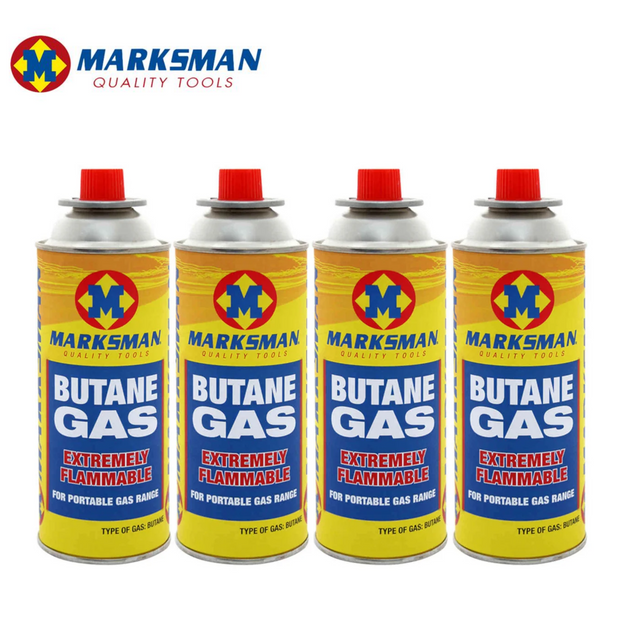 Marksmann Pack of 4 gas cartridges, compact gas cannisters suitable for camping stoves and portable appliances.