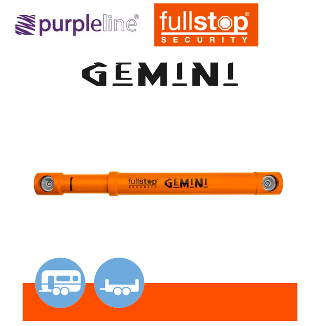 Purpleline Gemini Twin Axle Wheel Lock securing a vehicle's twin axle wheels with a sturdy metal lock against theft.
