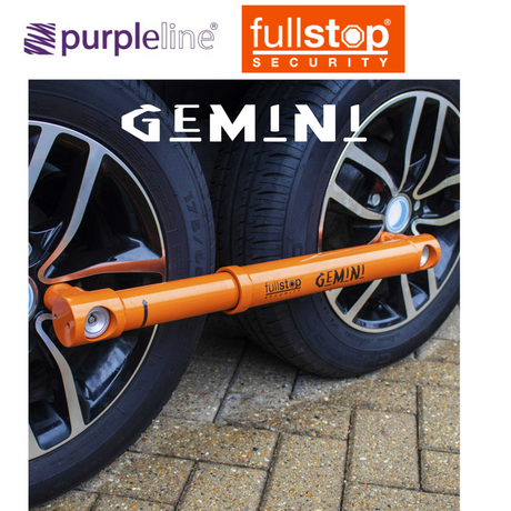 Purpleline Gemini Twin Axle Wheel Lock with a sturdy design, featuring a purple finish and secure locking mechanism.