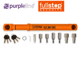 Purpleline Gemini twin axle wheel lock securing a vehicle's wheels with a sturdy purple lock on a black background.