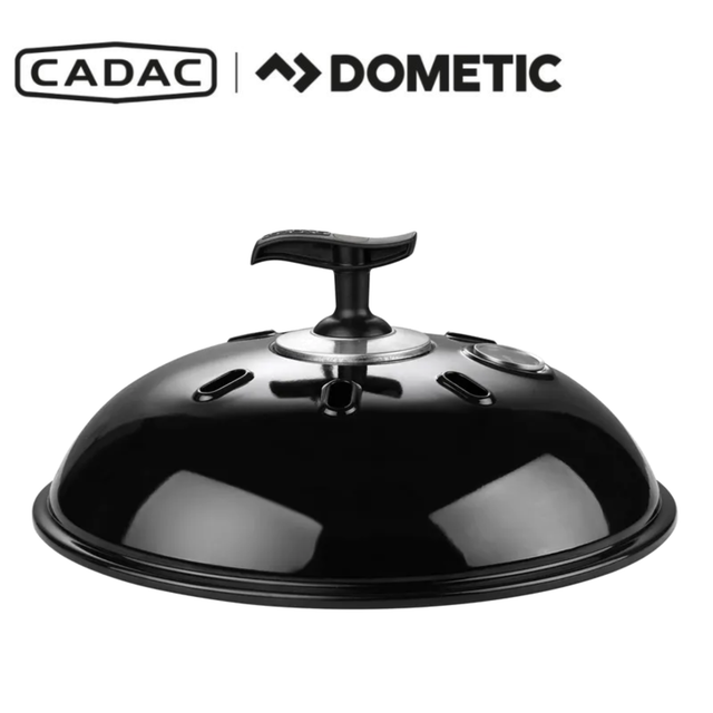 Cadac Dometic Grillo BBQ lid, black metal cover with handle, designed to fit the Grillo BBQ grill for outdoor cooking.
