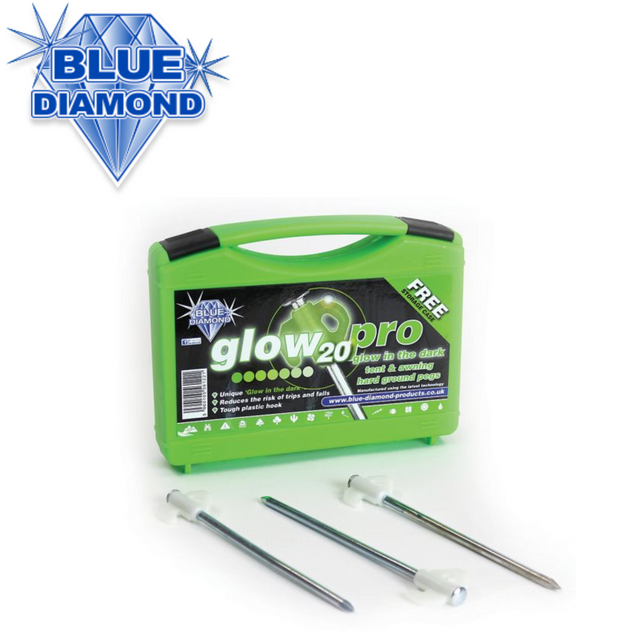 Blue Diamond glow-in-the-dark hard ground pegs, 20-pack, with blue color and reflective surface for secure outdoor anchoring.