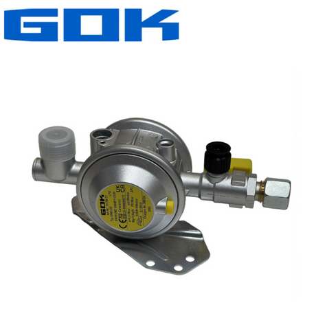 Truma Gok 30mbar 10mm bulkhead gas regulator with connection fittings and pressure adjustment feature.