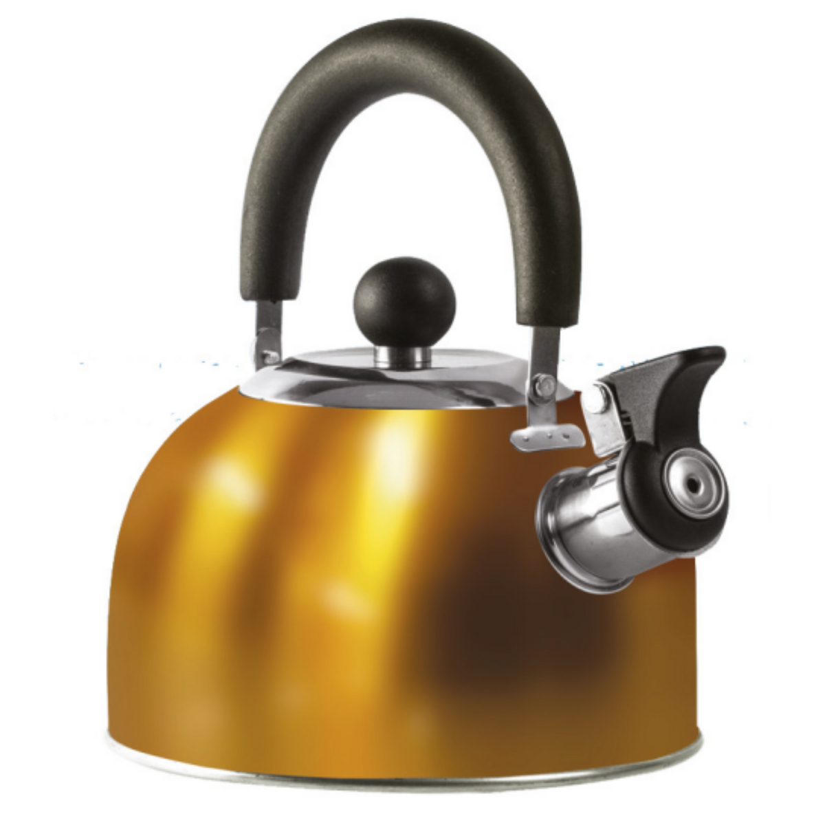 Gold 1.6 litre P.L.S gas hob kettle with folding handle, featuring a sleek design and easy-to-use handle for convenient boiling.