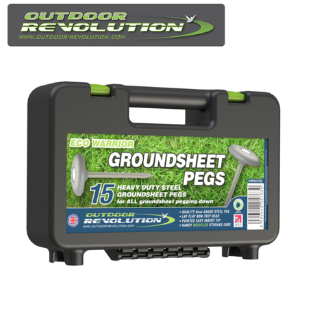 Outdoor Revolution Eco Warrior groundsheet pegs set on a grassy surface, showcasing their durable design and functionality.