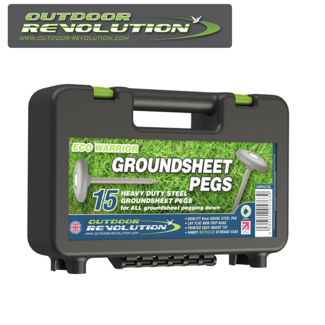 Outdoor Revolution Eco Warrior groundsheet pegs set on a grassy surface, showcasing their durable design and functionality.