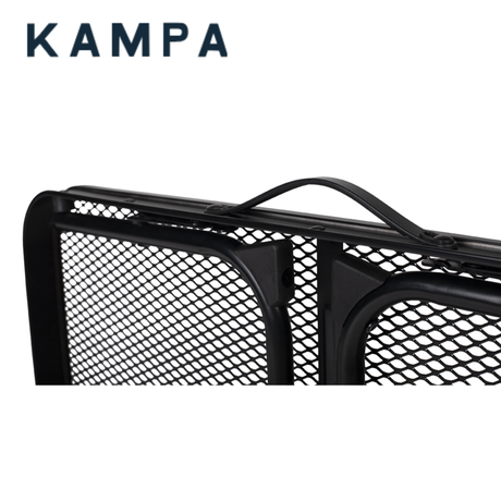 Kampa grate side table measuring 60x40cm with a sturdy metal frame and slatted surface, ideal for outdoor use.