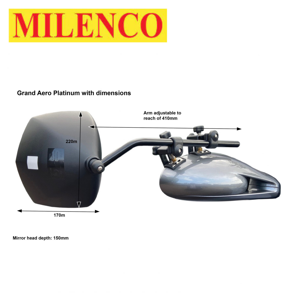 Milenco Grand Aero Platinum Standard Mirrors Pair 6613 showing sleek design and adjustable features for better visibility.