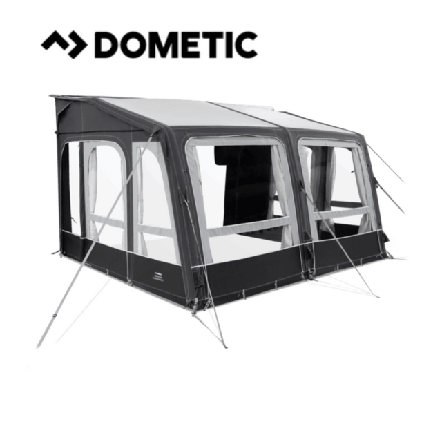 Dometic Grande Air All Season 390 Awning installed, showcasing its spacious design and durable material in outdoor setting.