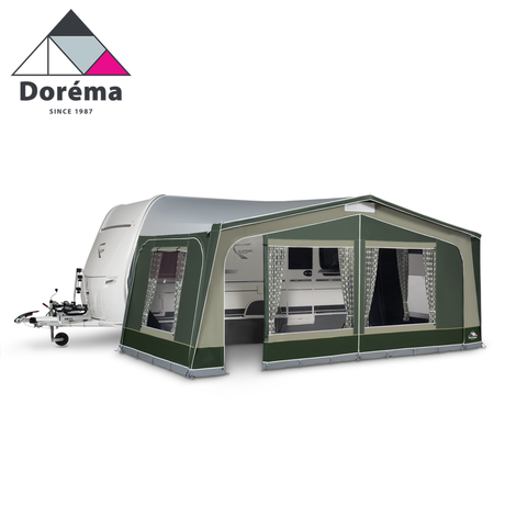 Dorema Monza XL 270 Full Caravan Awning in green, showcasing a spacious design for outdoor camping and leisure activities.