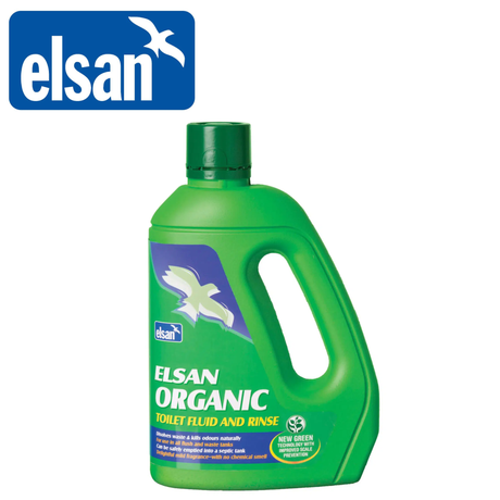Elsan Organic 2L toilet fluid bottle with green label and cap, designed for maintaining hygiene in toilet systems.