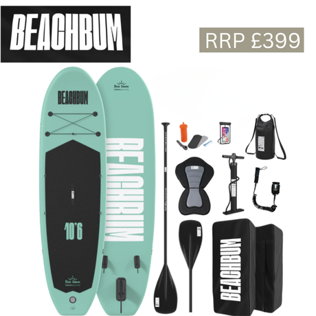 BeachBum paddle board bundle featuring a vibrant green paddle board with included paddle and accessories for water fun.